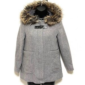 Zara Kids Girls Grey Faux Fur Hood Manteco Duffel Coat Size 13-14